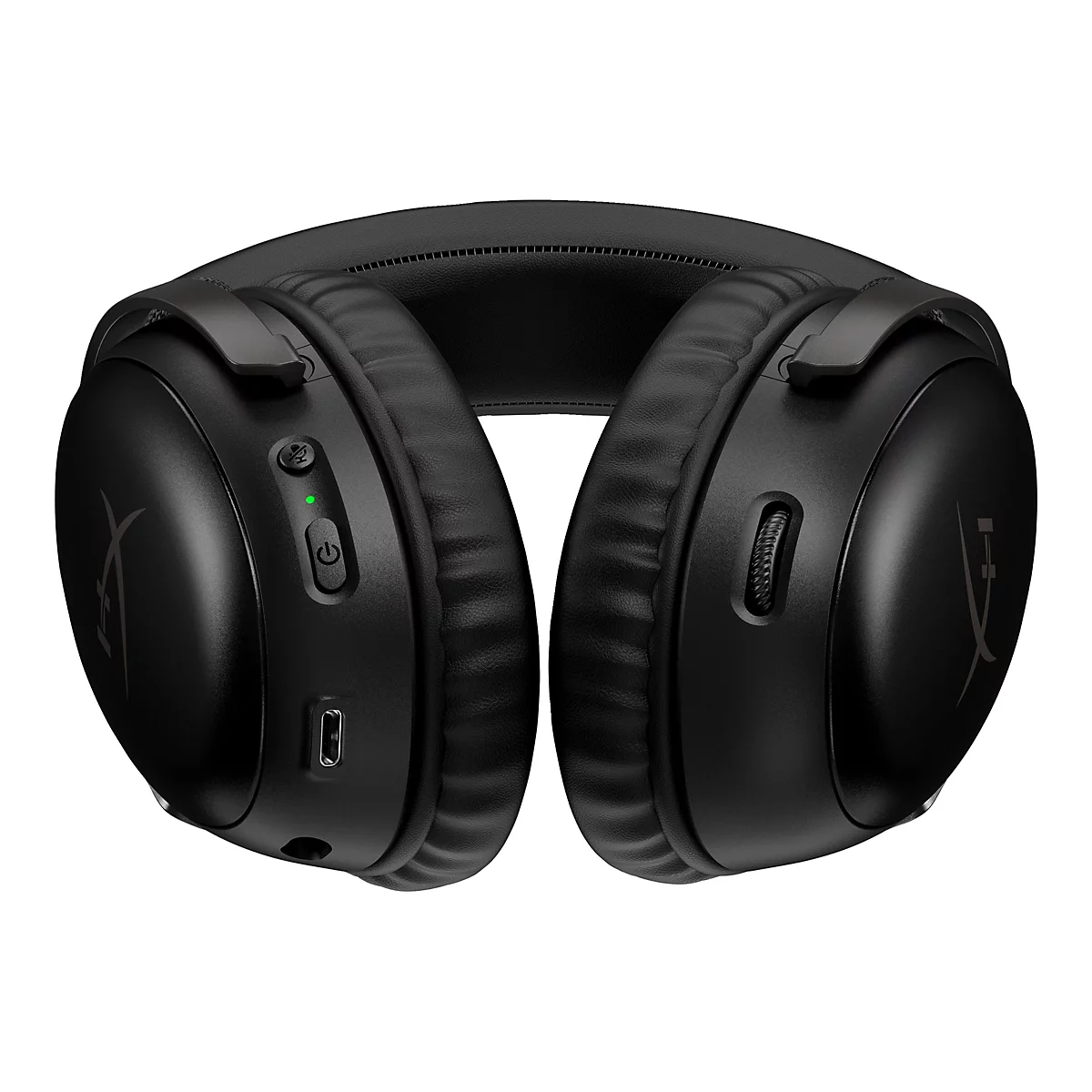 Schwarzes Gaming-Headset. Auf der rechten Seite befindet sich ein Einstellrad, links ein Mikrofon-Symbol und eine grüne Betriebsanzeige. Auf weißem Hintergrund.