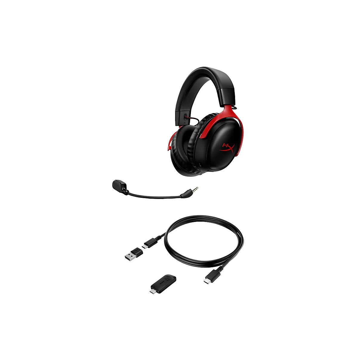 Schwarzes Gaming-Headset mit roten Akzenten, abnehmbarem Mikrofon und Kabeln, auf weißem Hintergrund. Markenlogo.