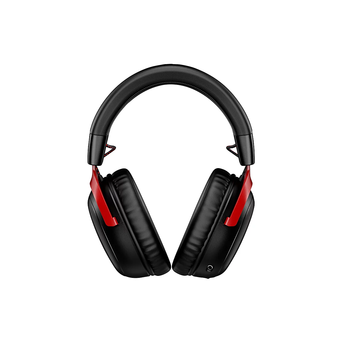 Casque circum-auriculaire noir avec des accents rouges, sur fond blanc.
