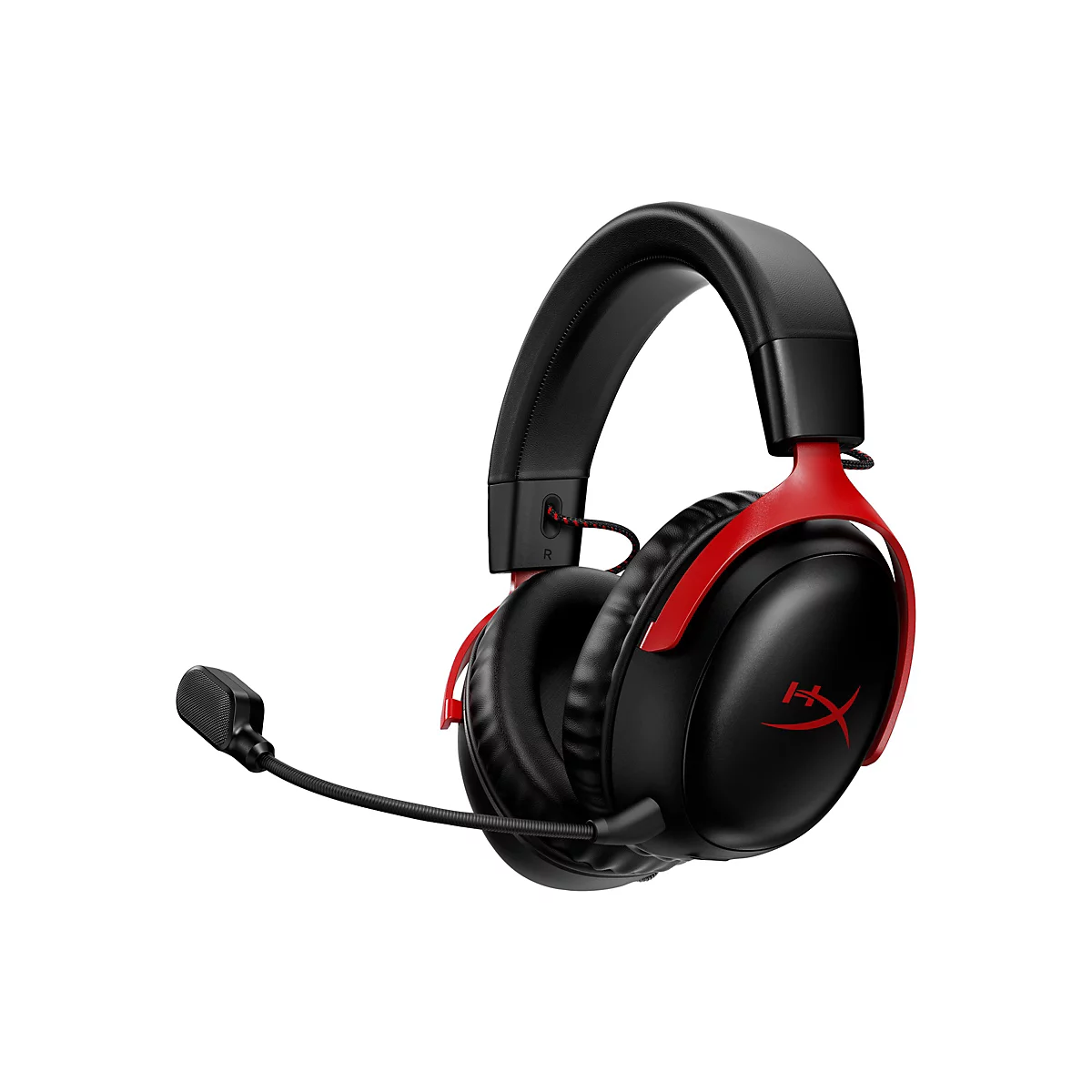 Casque noir avec une couleur d'accent rouge et un microphone, sur fond blanc.