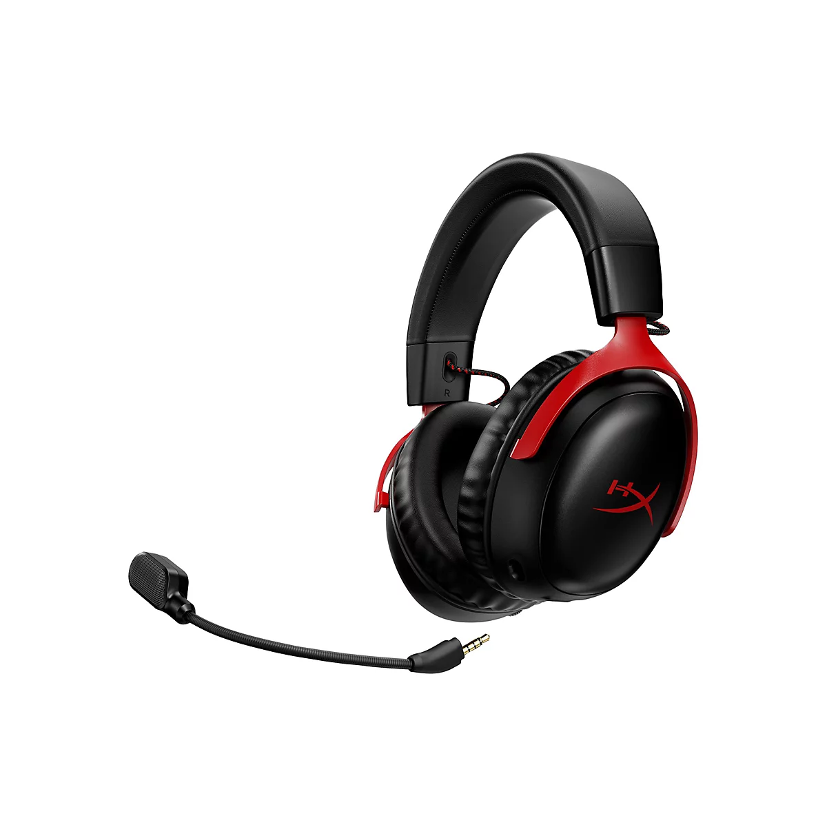 Schwarzes Headset mit rotem Akzent und Mikrofon. Ein rotes HyperX-Logo ist auf den Ohrmuscheln zu sehen.