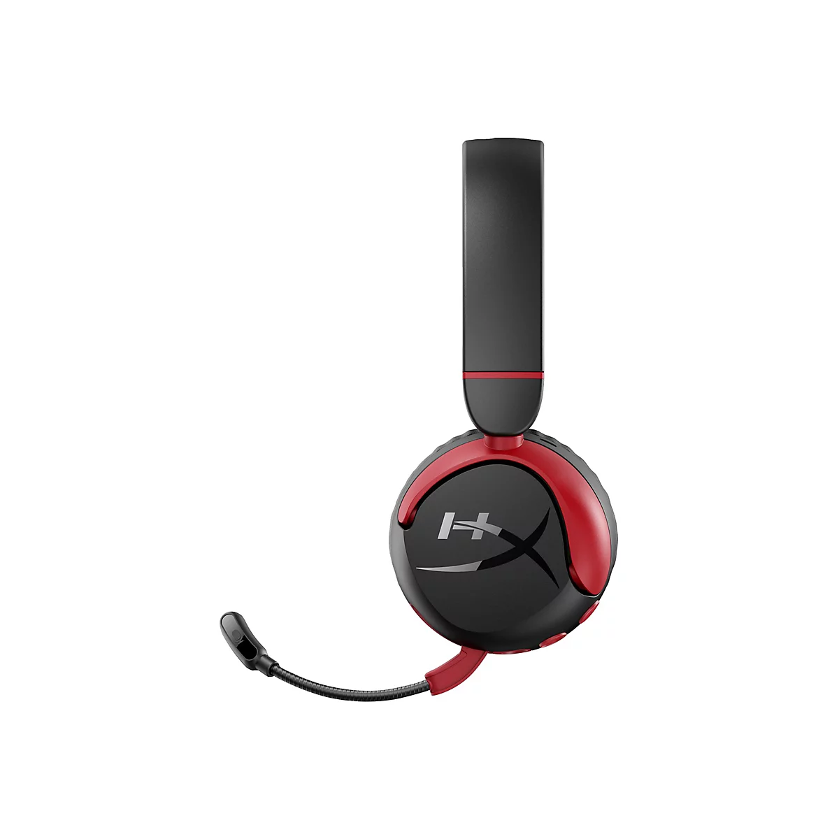 Schwarzes und rotes Headset mit Mikrofon, vor weißem Hintergrund. Das Headset hat das Logo "HyperX".