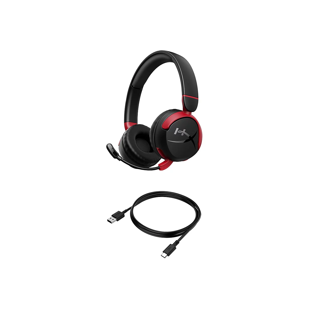 Schwarzes und rotes Headset mit Mikrofon und USB-Kabel, auf weißem Hintergrund.
