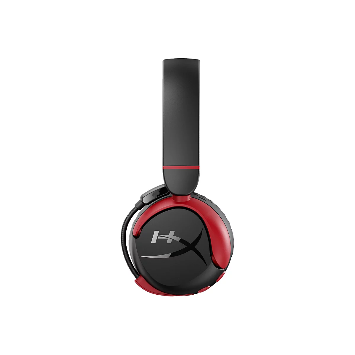 Schwarzer und roter Kopfhörer, mit „HyperX“-Logo, Detailaufnahme.