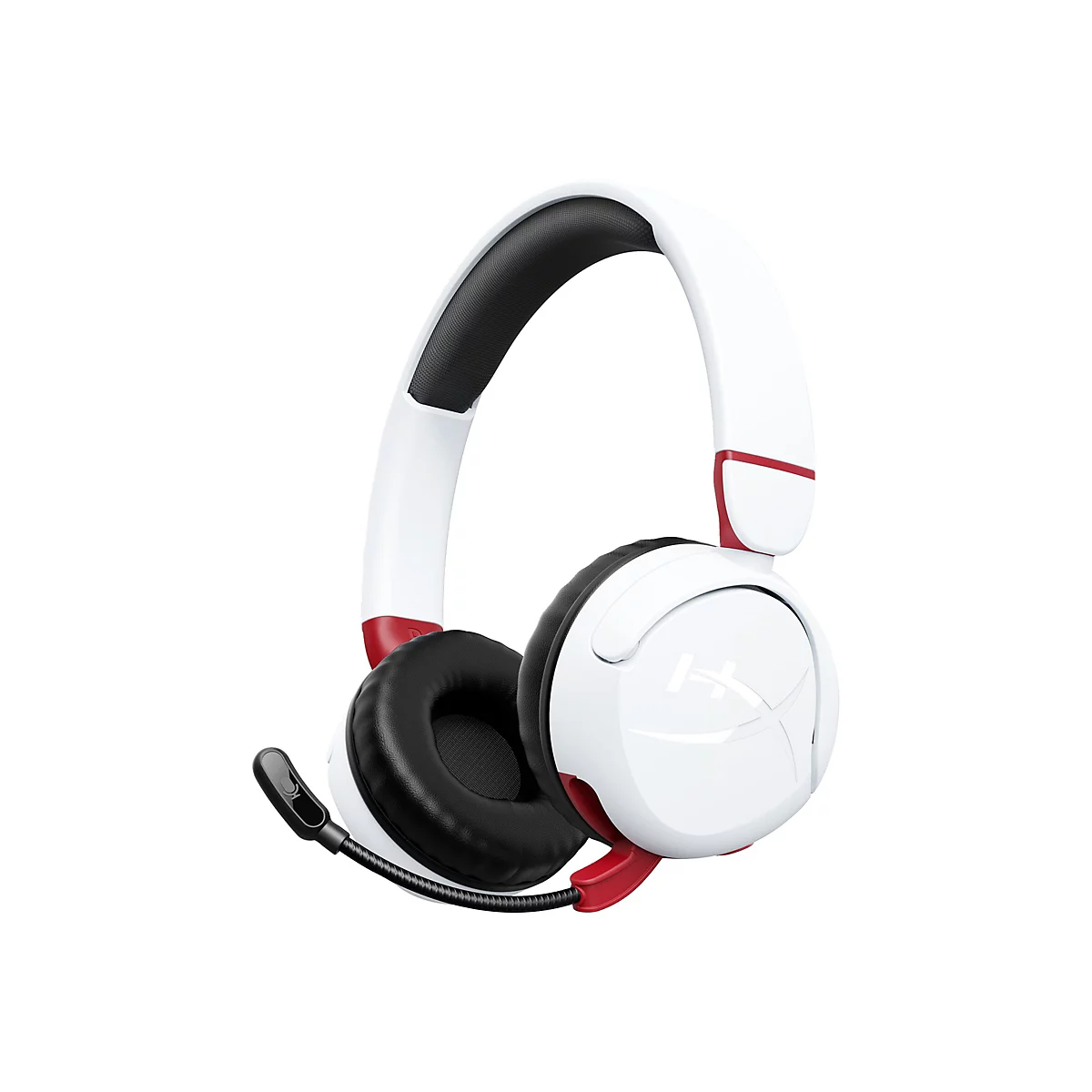 Weiß-rotes Gaming-Headset mit schwarzem Polster und Mikrofon. Auf dem linken Ohrhörer ist das HyperX-Logo zu sehen.