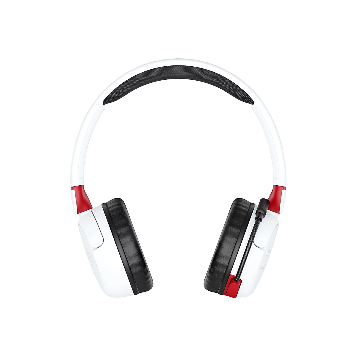 Weißes Headset mit roten Akzenten. Das Kopfband und die Ohrpolster sind schwarz.