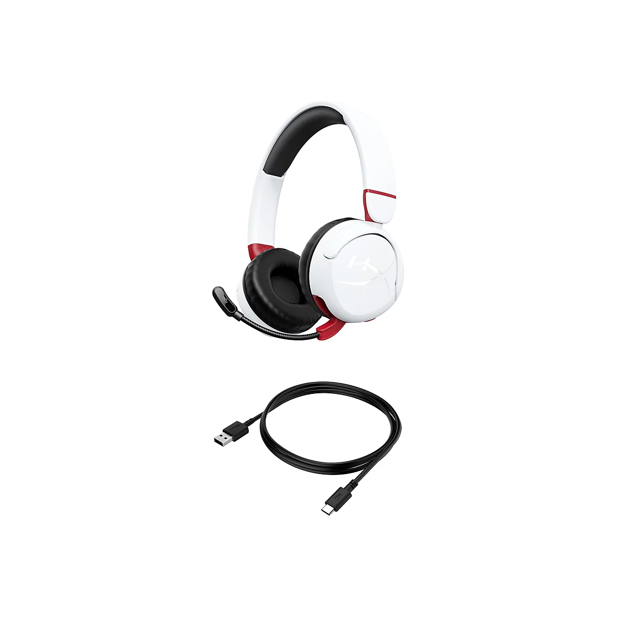 Weißes Gaming-Headset mit roter Akzentfarbe und schwarzem Mikrofon, darunter ein schwarzes USB-Kabel. Auf dem Headset ist das HyperX-Logo zu sehen.
