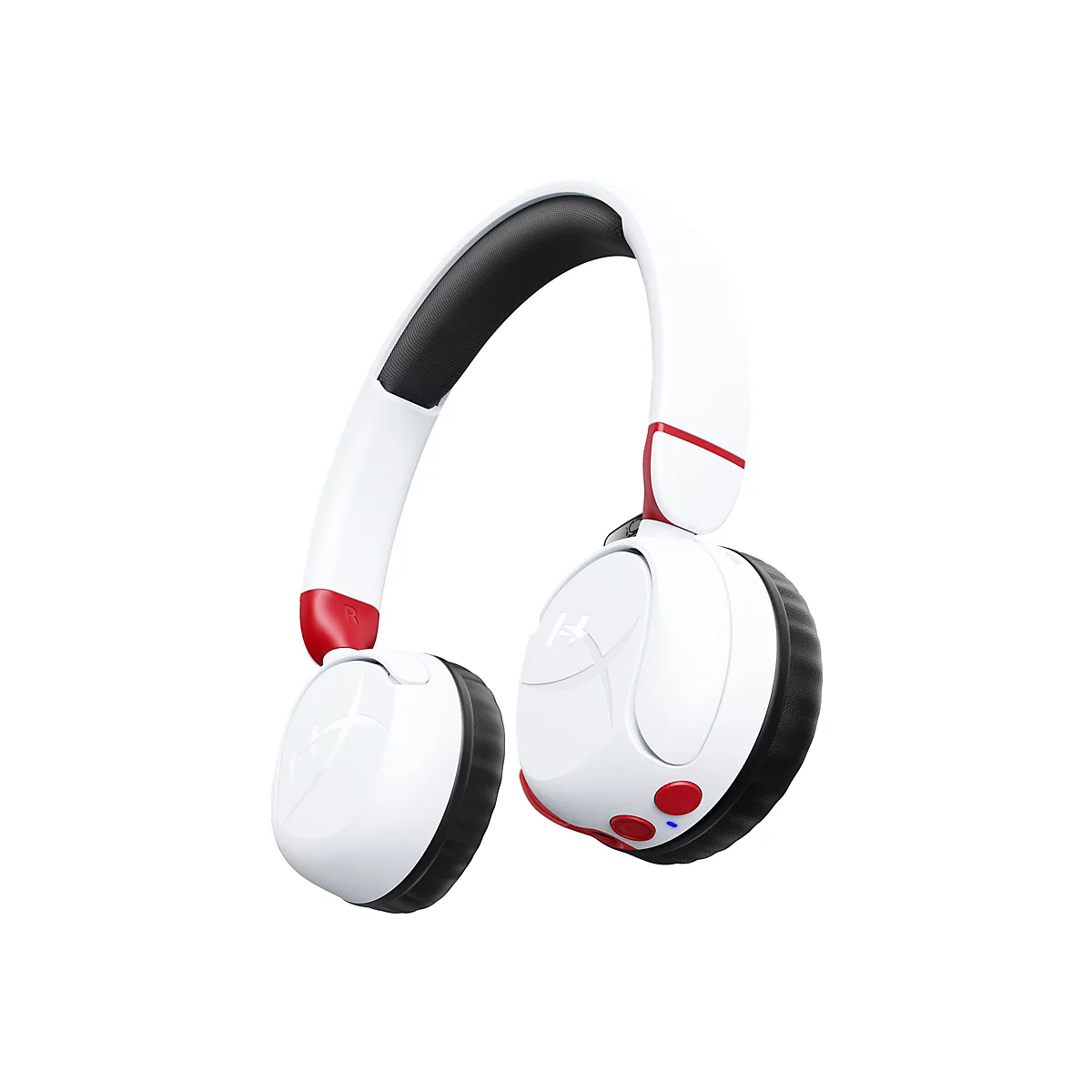 Weißes Headset mit roten Akzenten und schwarzem Polster, freigestellt vor weißem Hintergrund.
