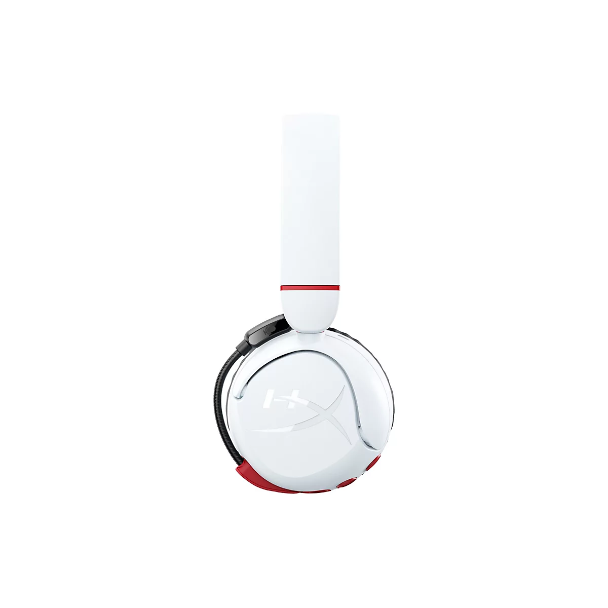Weißes Gaming-Headset, roter Akzent, auf weißem Hintergrund. Das Logo ist auf der Ohrmuschel abgebildet.