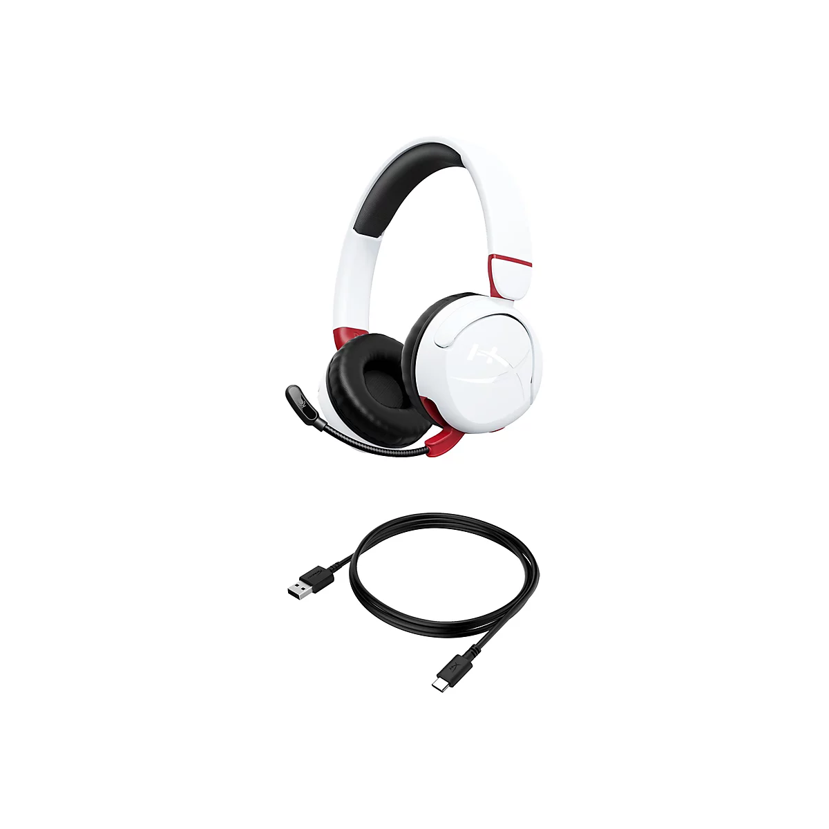 Weißes Gaming-Headset mit roter Akzentfarbe und schwarzem Mikrofon und Kabel auf weißem Hintergrund.