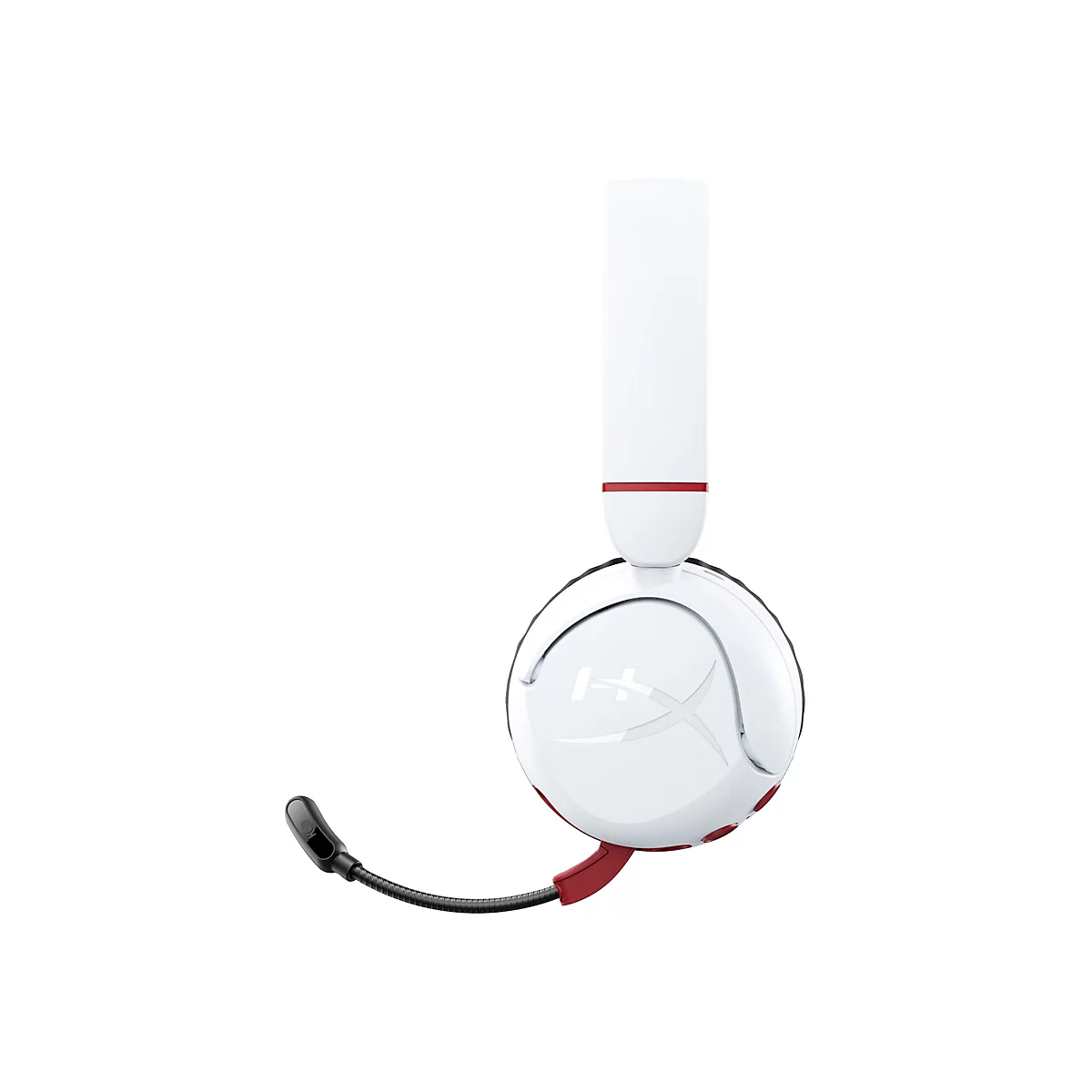 Weißes Headset mit rotem Akzent und Mikrofon, vor weißem Hintergrund.