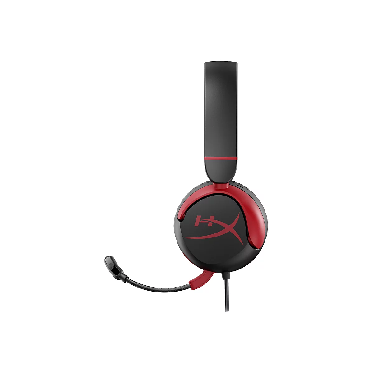 Schwarzes Headset mit roter Akzentuierung und Mikrofon, das nach unten gebogen ist.