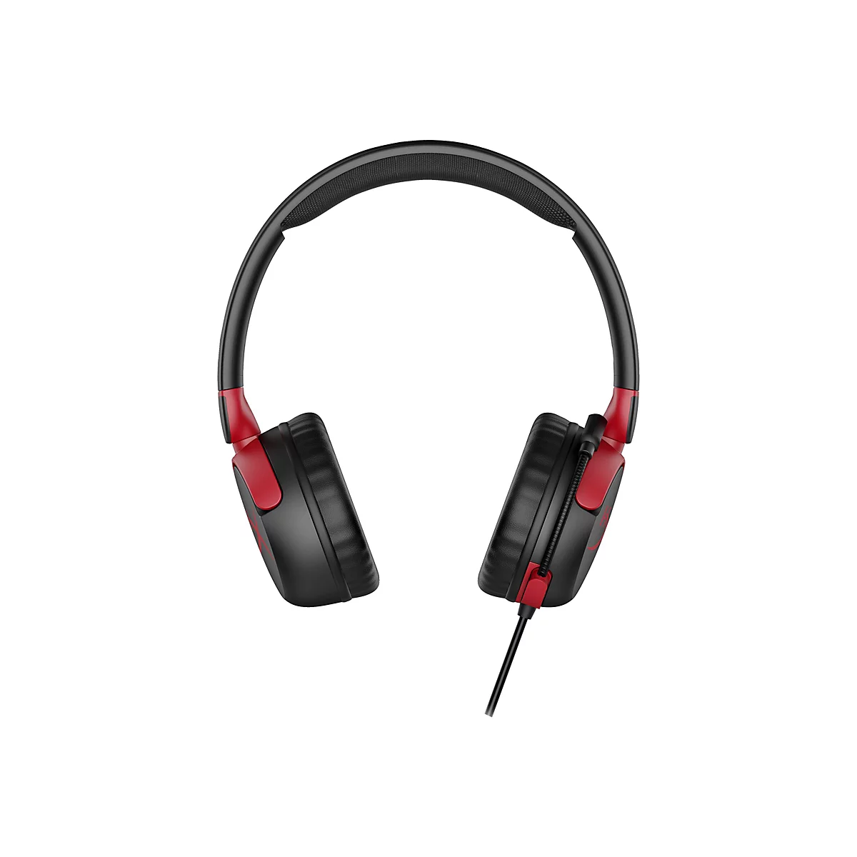 Casque noir avec des touches de rouge et câble, gros plan sur fond blanc.