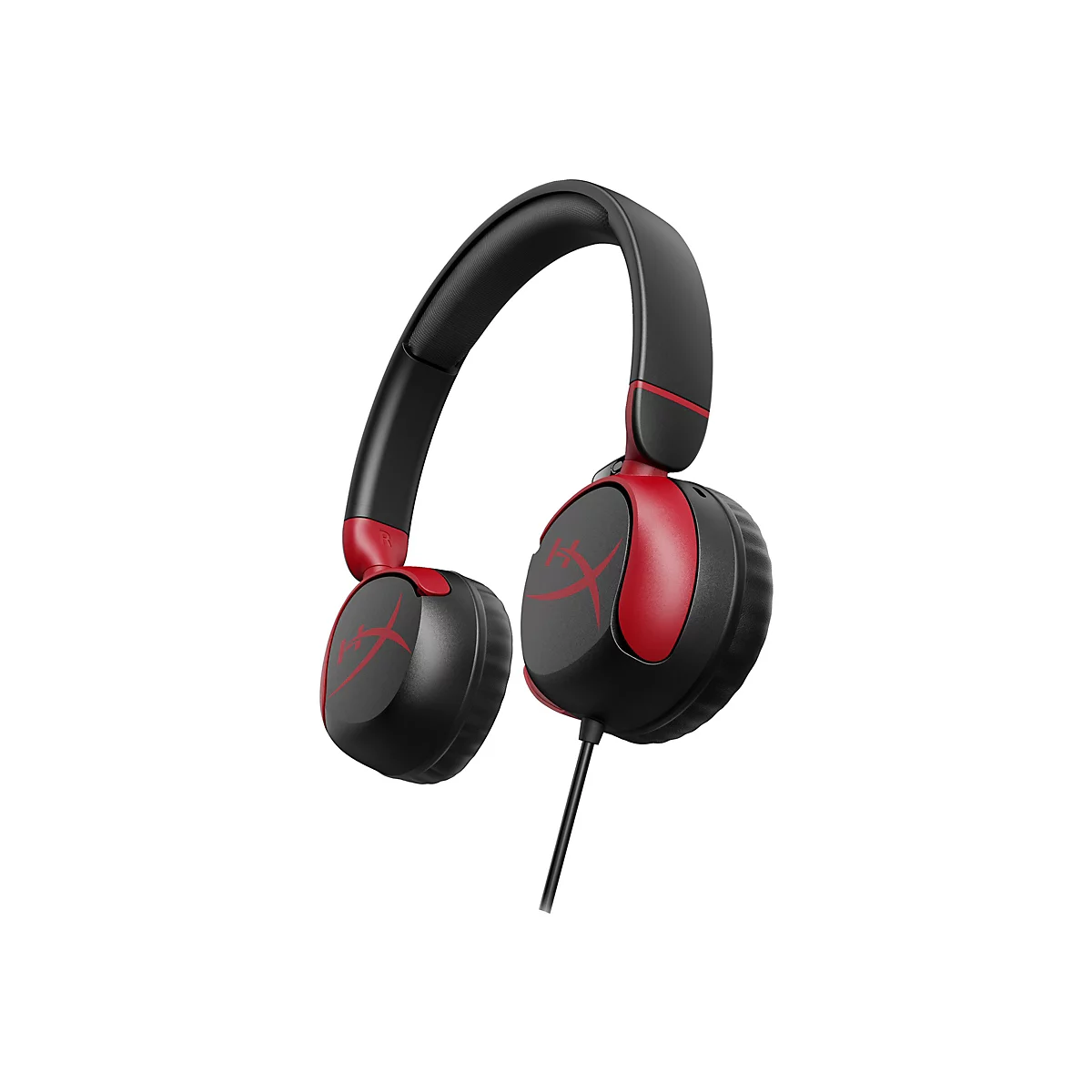 Schwarzer und roter KopfhÃ¶rer, die von HyperX hergestellt wurden. Das Logo ist auf der Ohrmuschel zu sehen.