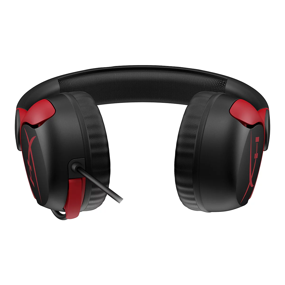 Schwarzes Gaming-Headset mit roter Akzentfarbe. Mikrophonanschluss und rotes Logo auf beiden Ohrmuscheln.