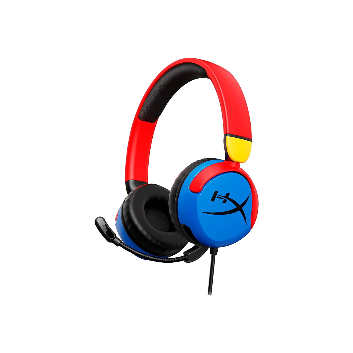 Blau-rot-gelbes Gaming-Headset. Schwarze Ohrmuscheln, roter Bügel mit schwarzen Polstern und Mikrofon.