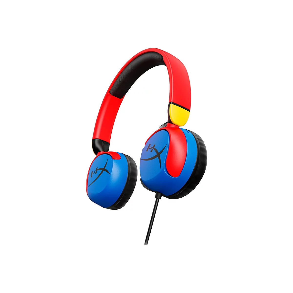 Blau-rote Kopfhörer mit schwarzem Kabel, auf weißem Hintergrund. Auf den Ohrmuscheln ist das HyperX Logo.