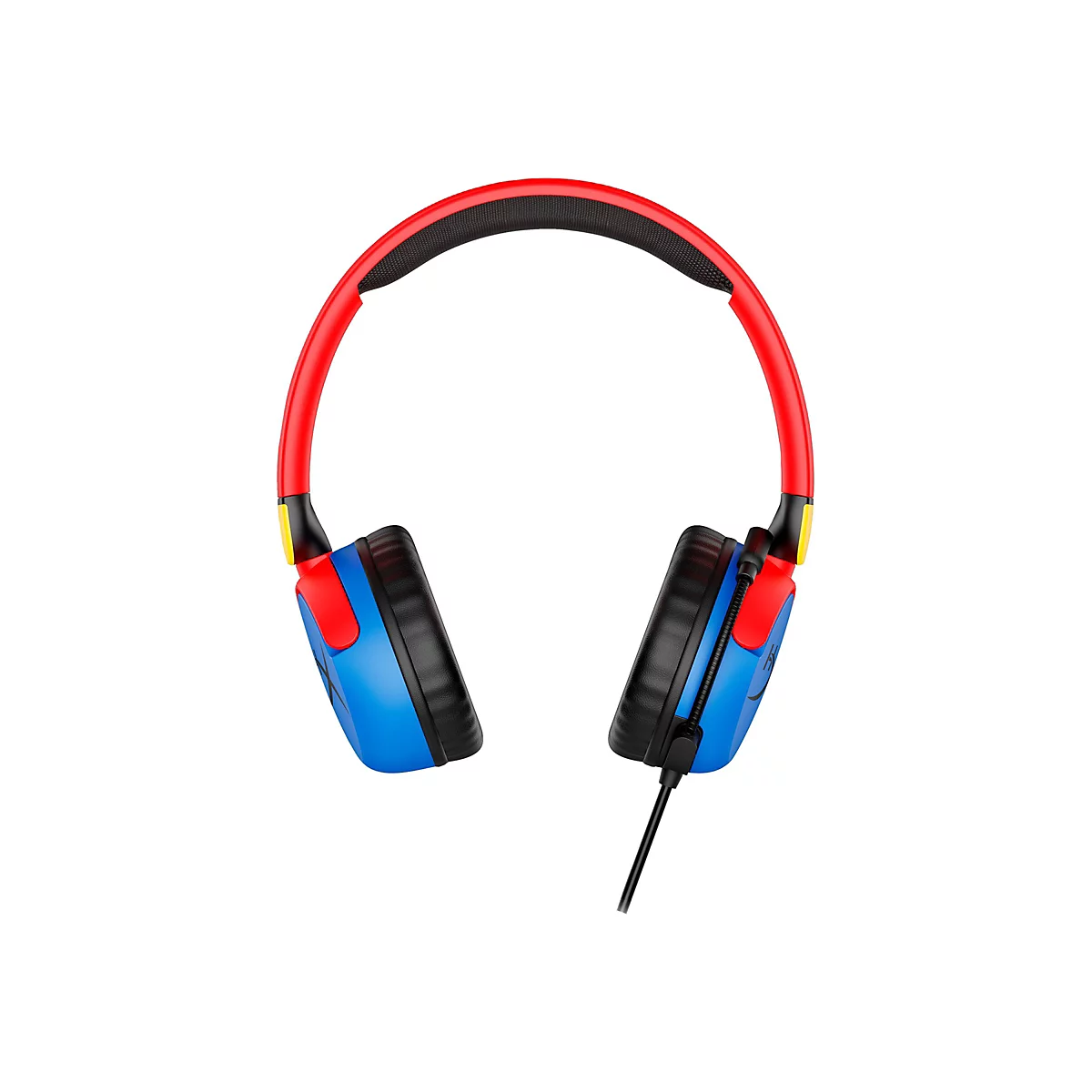 Rote und blaue Kopfhörer, mit schwarzem Polster. Das Kabel ist schwarz.