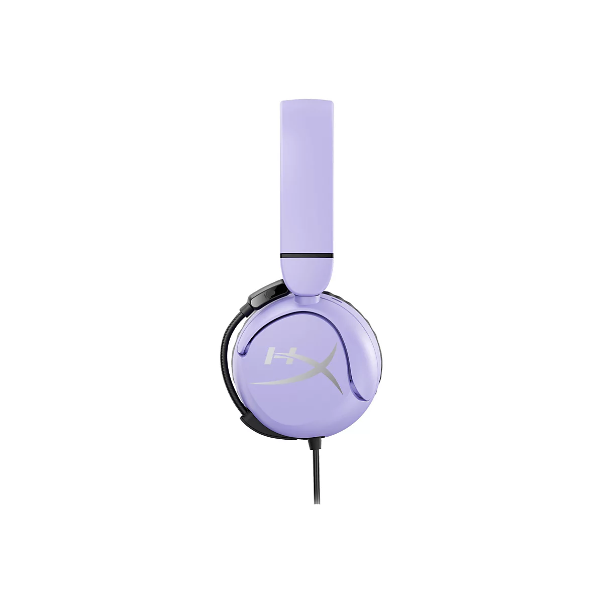 Un casque de jeu HyperX lavande sur fond blanc. Il est montré de côté, avec le logo HyperX visible sur l'oreillette.