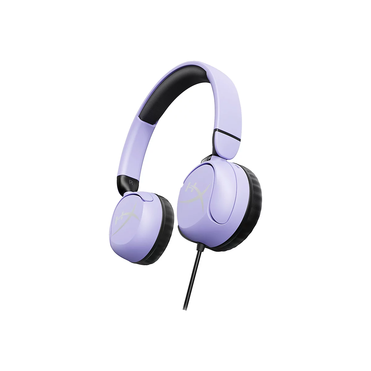 Casque audio violet clair avec oreillettes noires et un câble. L'arceau est rembourré. Il y a un logo sur les oreillettes.