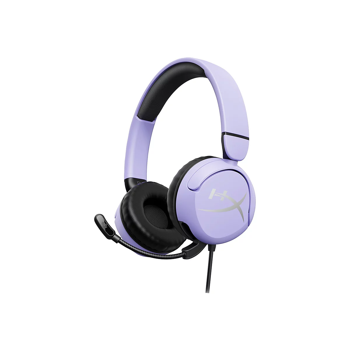 Casque de jeu bleu clair avec microphone et rembourrage noirs sur fond blanc. Un logo argenté est visible sur le boîtier.