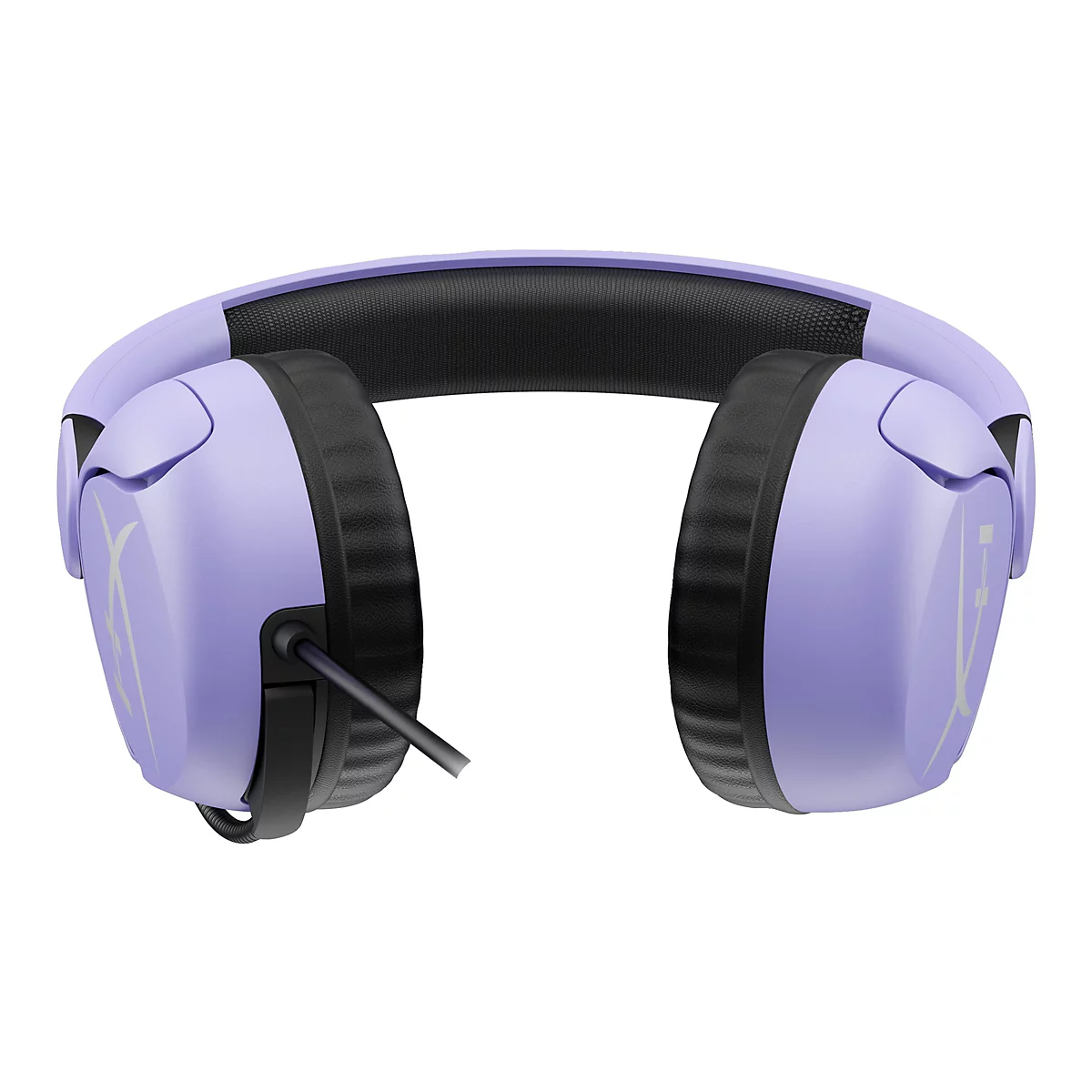 Helllila Gaming-KopfhÃ¶rer, schwarze OhrmuschelabschlÃ¼sse, schwarzes Kabel. Auf den Ohrmuscheln befinden sich weiÃŸe Logos.
