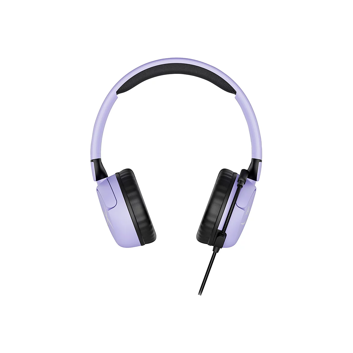 Casque audio lilas clair sur fond blanc, coussinets d'écouteurs noirs et câble noir.