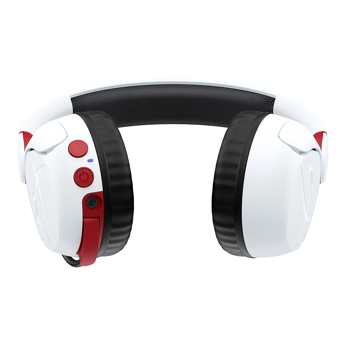 Casque de jeu blanc avec des touches de rouge. Bandeau noir, oreillettes, boutons et détails.