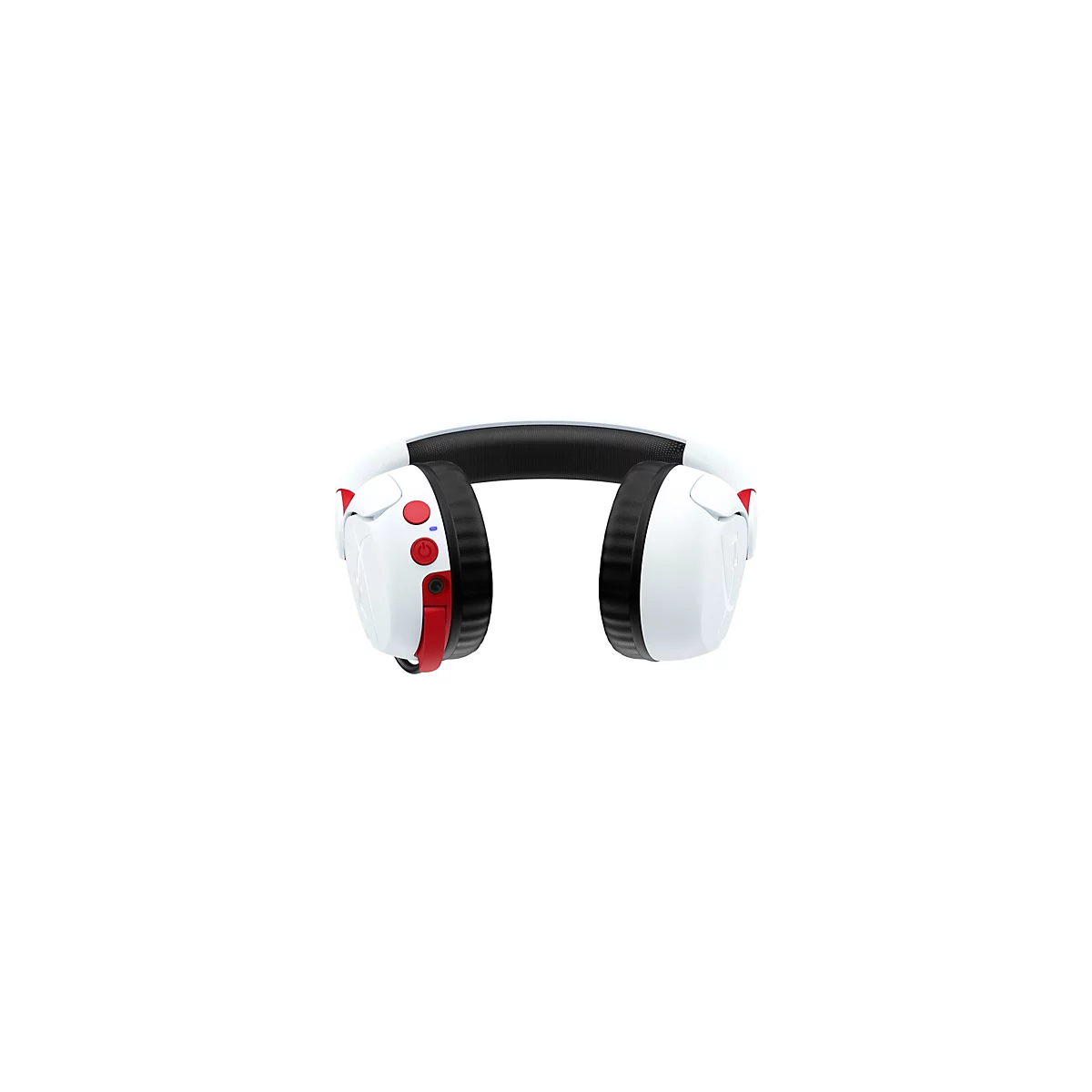 Casque de jeu blanc avec des accents rouges. Bandeau noir. Boutons et détails en rouge.