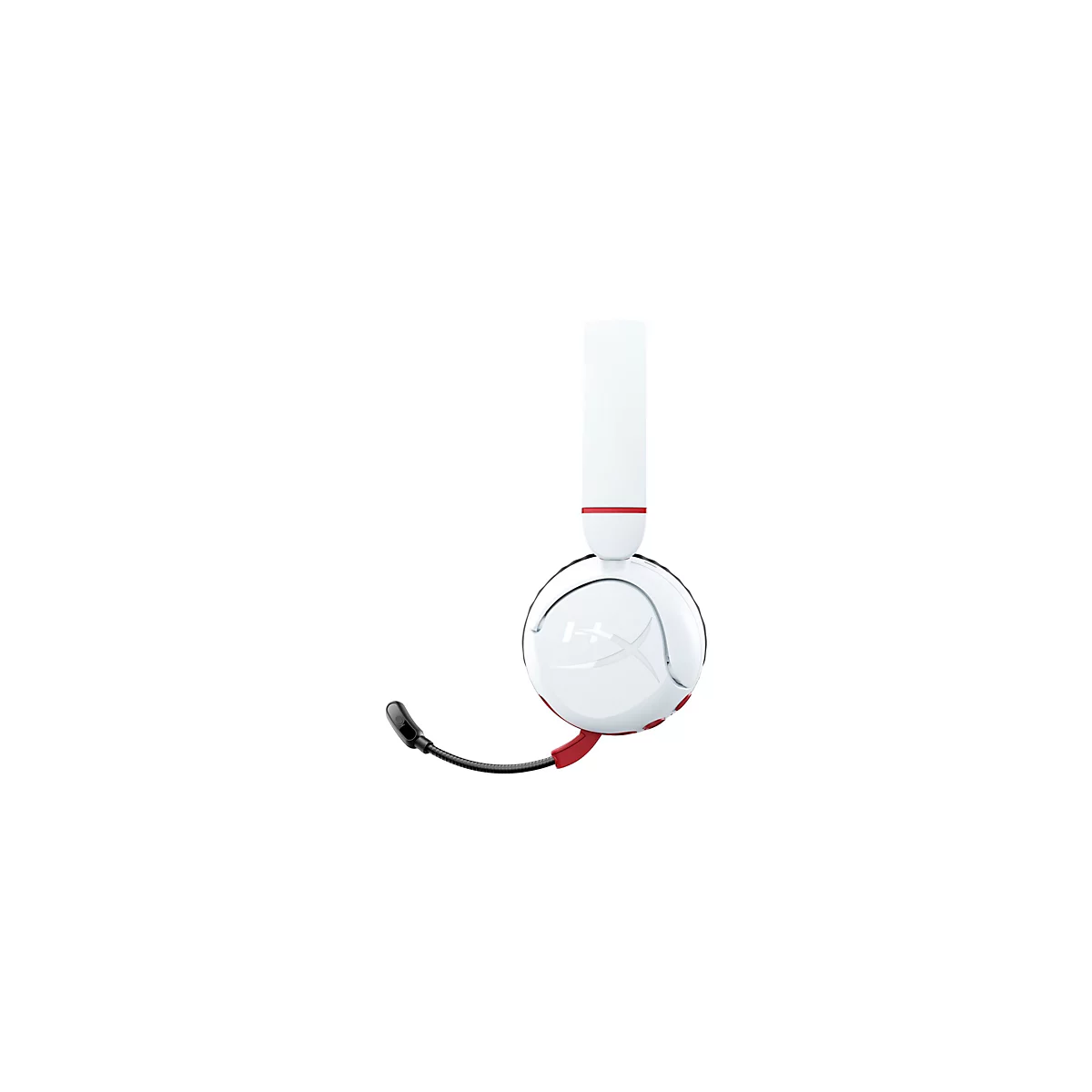 Casque de jeu blanc avec des touches de rouge et un microphone. L'arceau s'étend verticalement vers le haut. Le microphone est courbé vers l'avant.