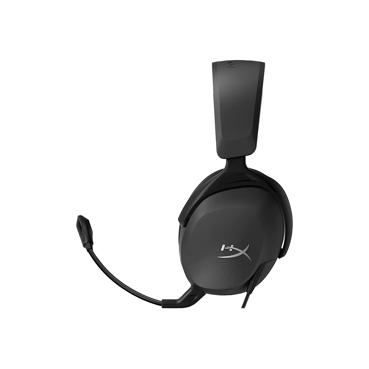 Schwarzes Gaming-Headset vor weißem Hintergrund. Auf den Ohrmuscheln das Logo „HyperX“ in Silber.