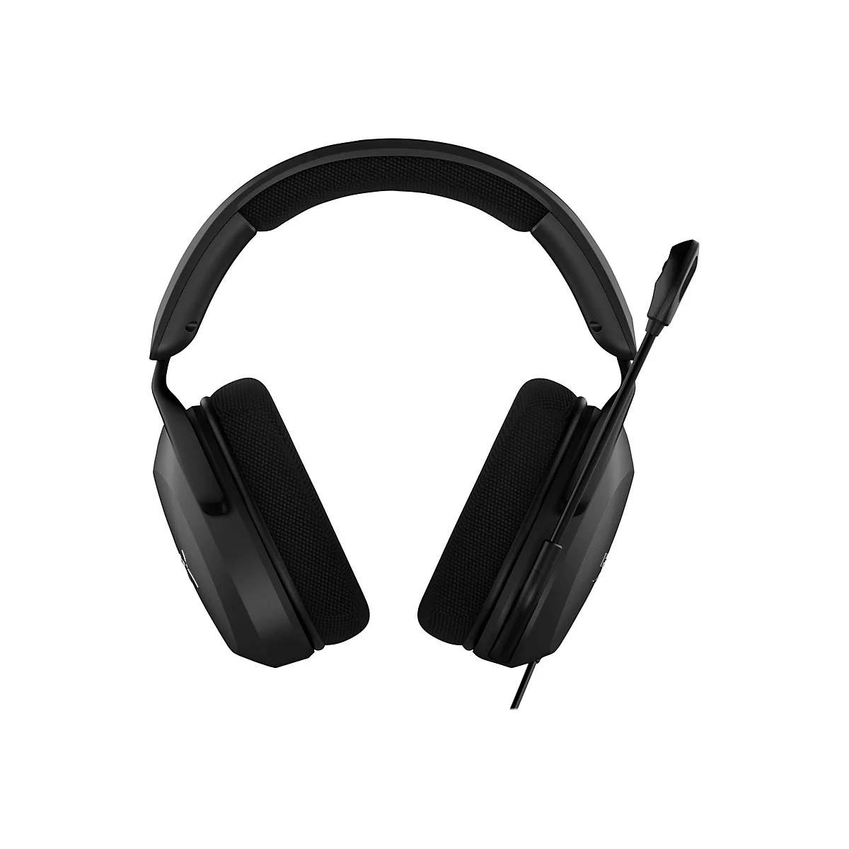 Schwarzes Gaming-Headset mit Mikrofon vor weißem Hintergrund.