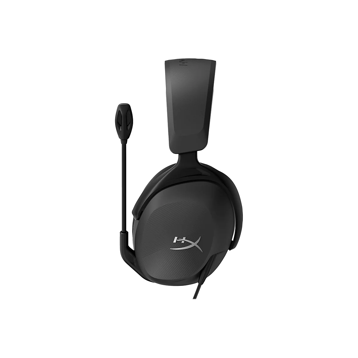 Schwarzes Gaming-Headset mit Mikrofon, Detailansicht, weißer Hintergrund.
