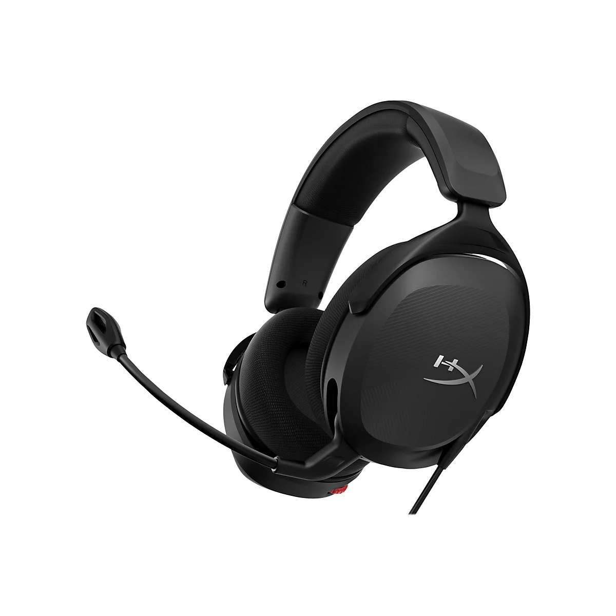 Schwarzes Gaming-Headset mit Mikrofon. Mit dem HyperX-Logo auf der Ohrmuschel.