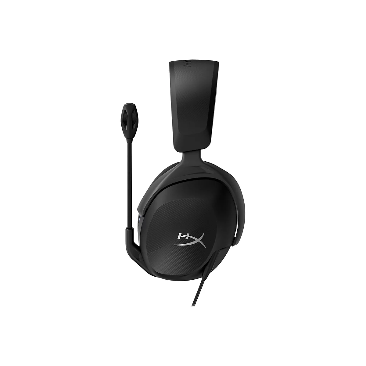 Schwarzes Gaming-Headset mit Mikrofon, auf weißem Hintergrund. Auf dem Kopfhörer ist ein Logo zu sehen.