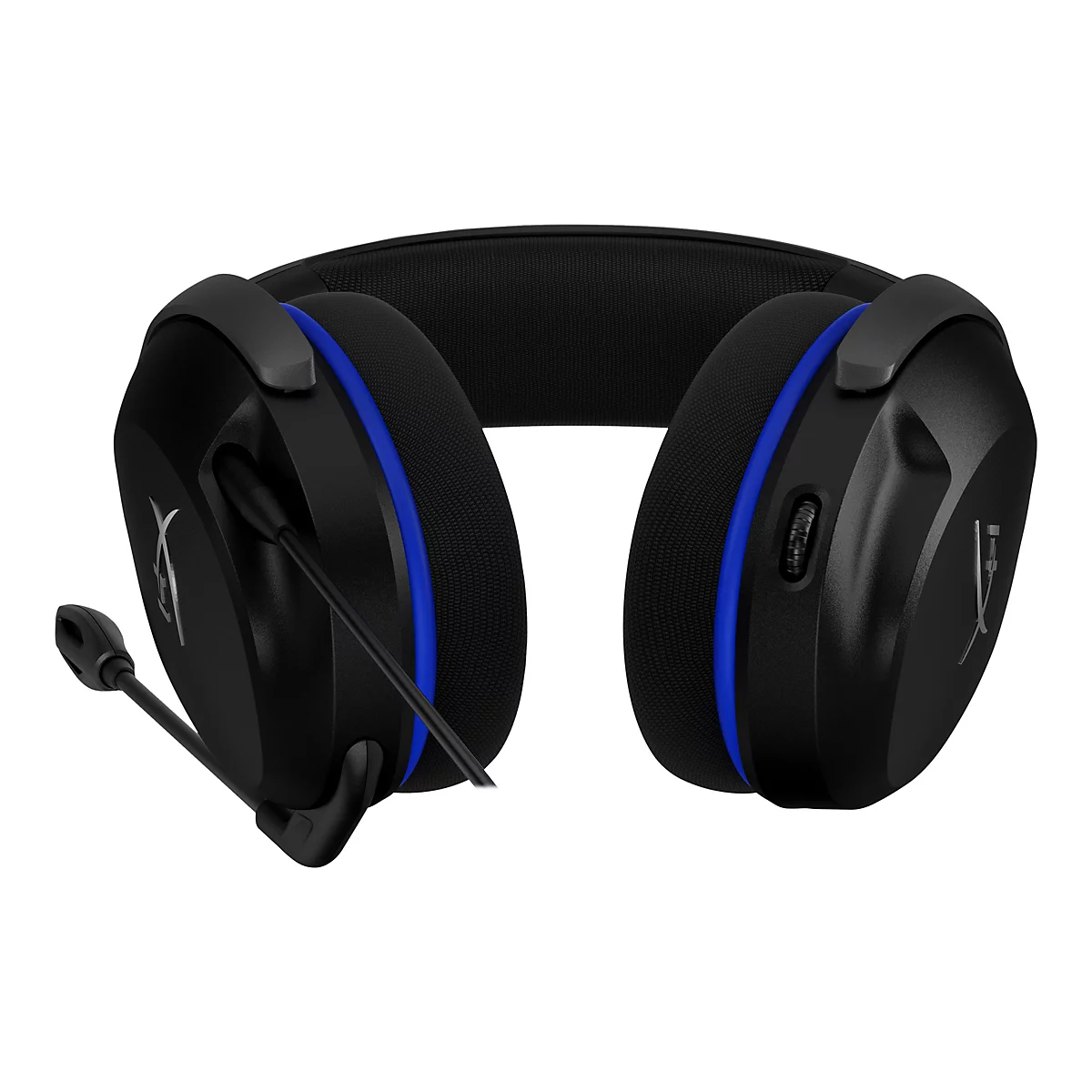 Schwarzes Headset mit blauem Akzent und Mikrofon. Auf den Ohrmuscheln ist ein Logo zu sehen.