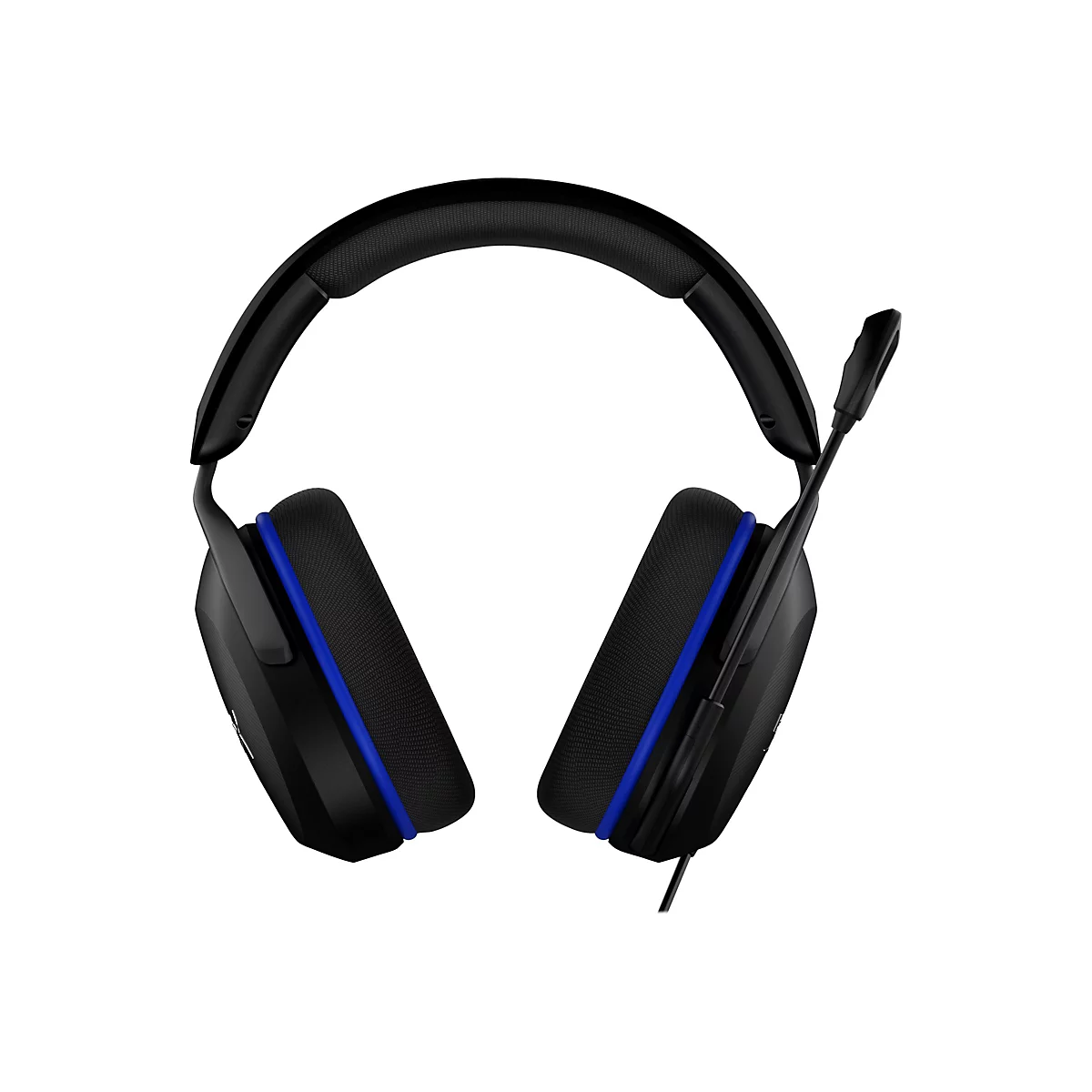 Schwarzes Gaming-Headset mit blauen Akzenten und Mikrofon vor weißem Hintergrund.