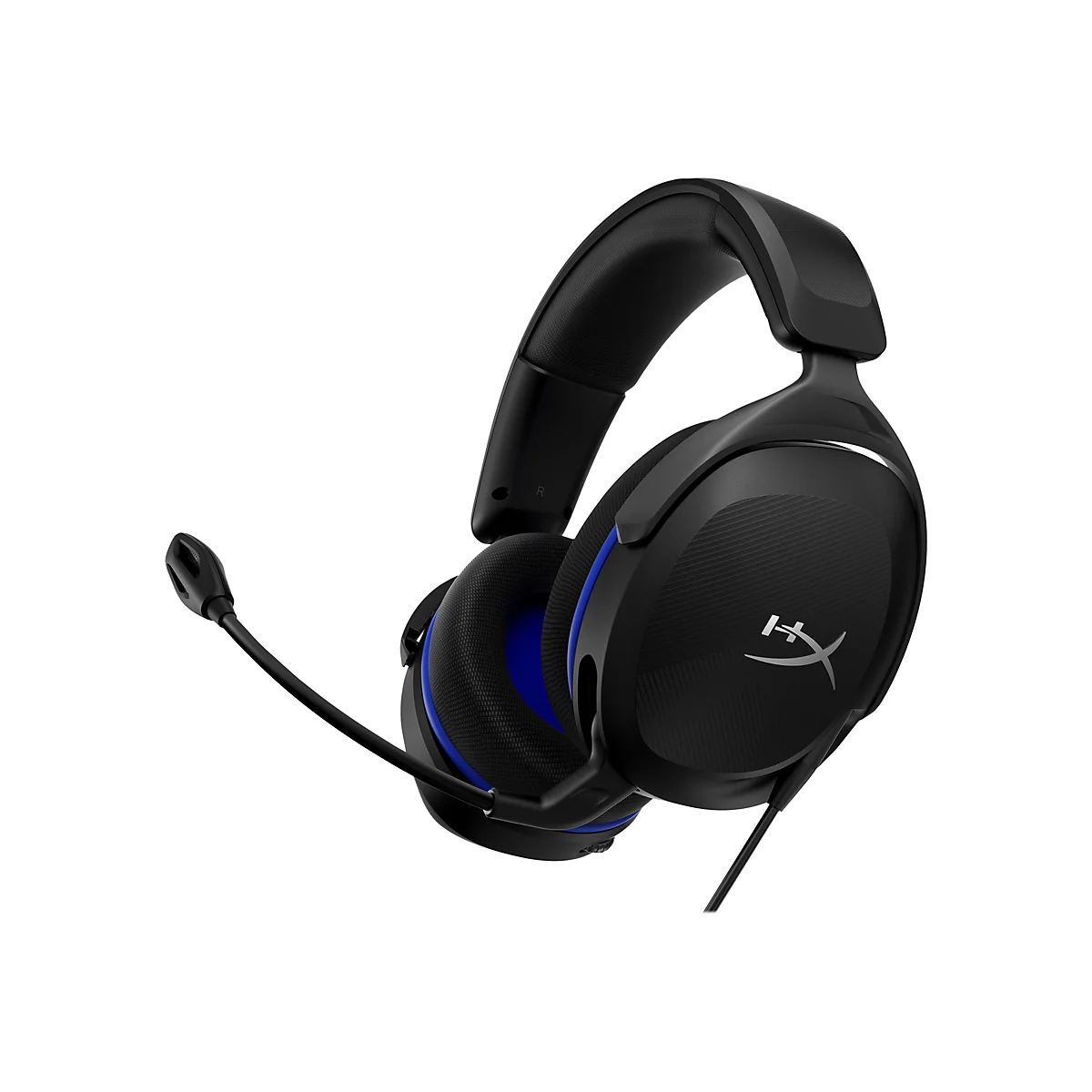 Schwarzes Gaming-Headset, Detailansicht: Ohrmuscheln, Mikrofon. Blaue Akzente und Logo.