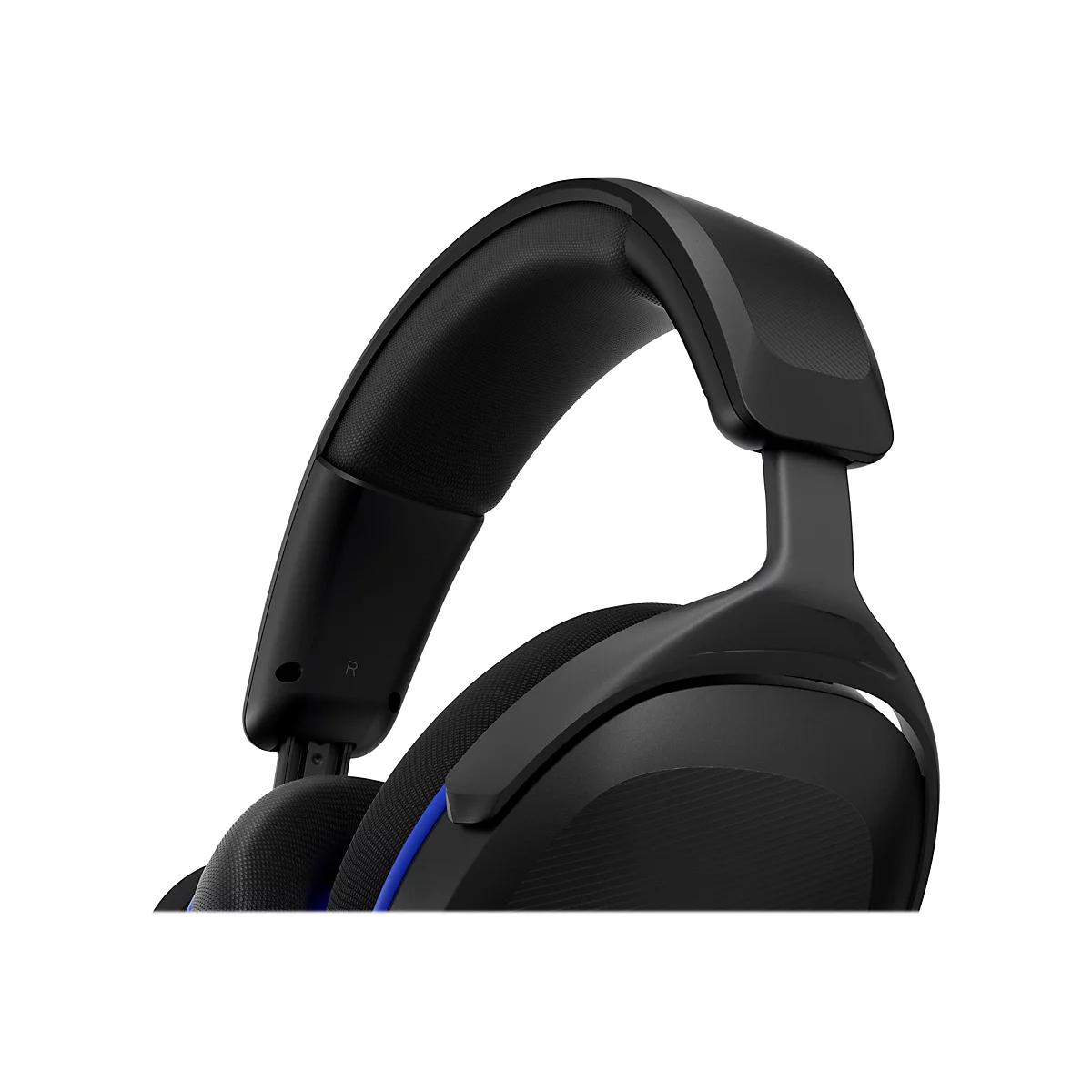 Nahaufnahme eines schwarzen Gaming-Headsets. Blaue Akzente und die Buchstaben "R" sind zu sehen.
