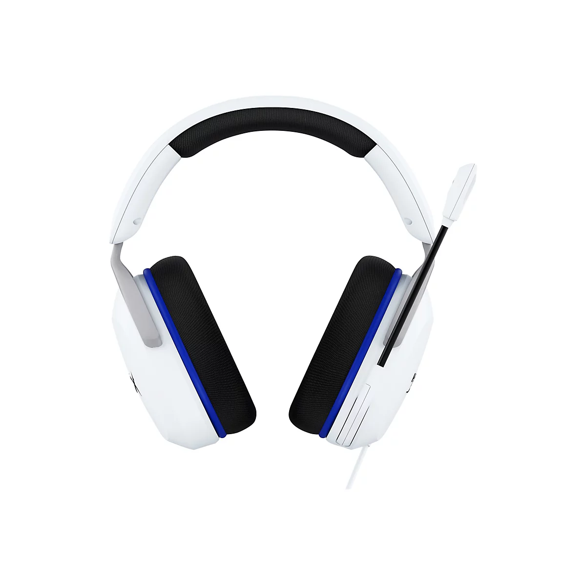 WeiÃŸes Gaming-Headset mit schwarzer Polsterung und blauem Akzent, eingebautem Mikrofon. Auf weiÃŸem Hintergrund.