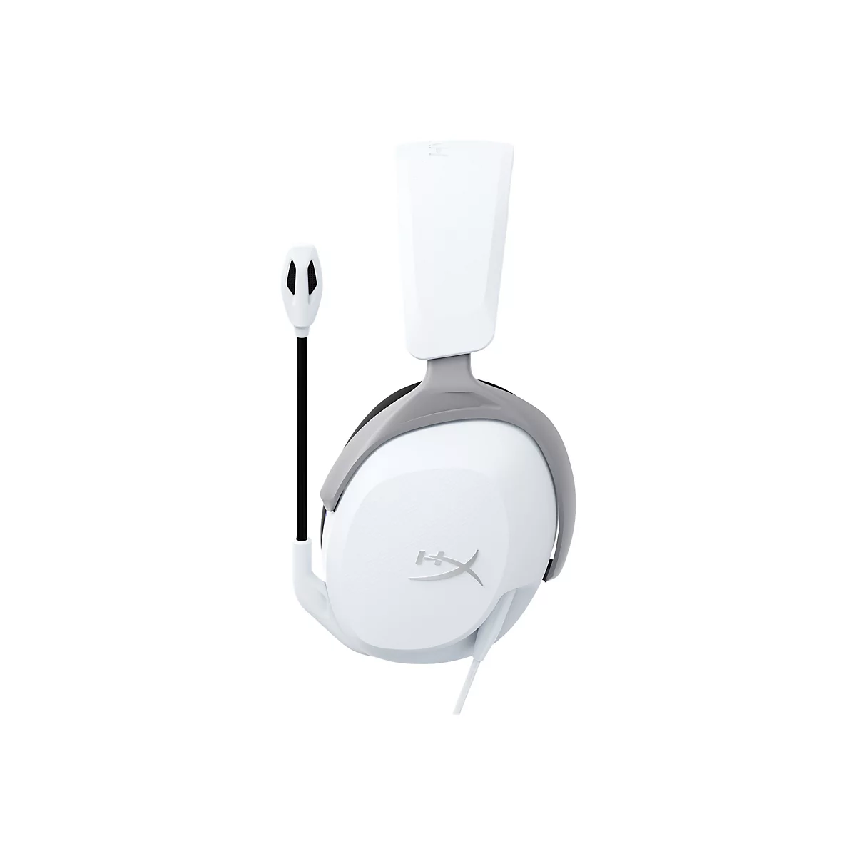WeiÃŸes Gaming-Headset mit Mikrofon. Das Headset hat einen grauen BÃ¼gel und das Logo der Marke.