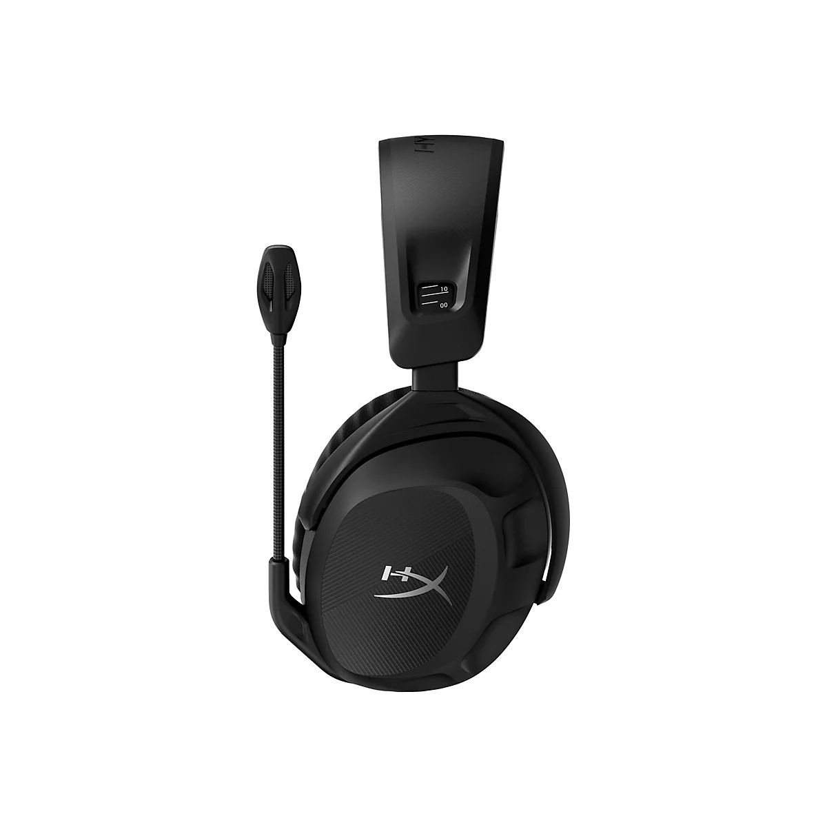 Schwarzes Headset mit Mikrofon und HyperX-Logo. An der Seite sind die Lautstärken-Anzeigen.