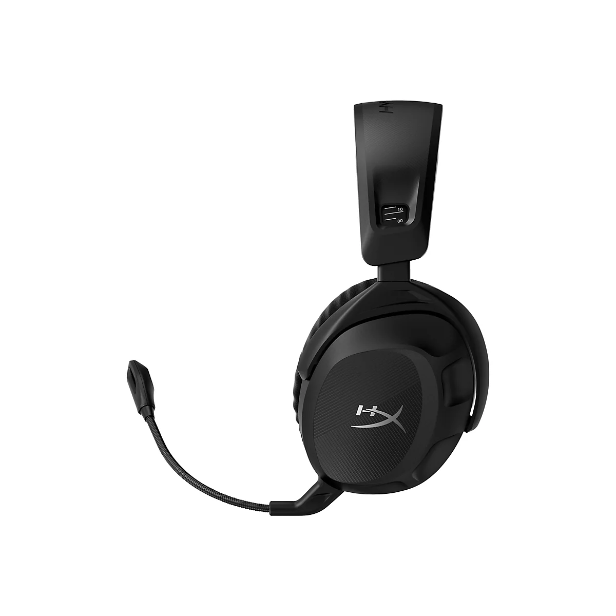 Schwarzes Gaming-Headset mit Mikrofon vor weißem Hintergrund. Auf dem rechten Kopfhörer ist ein Logo, an der Seite des Bügels eine Pegelanzeige.