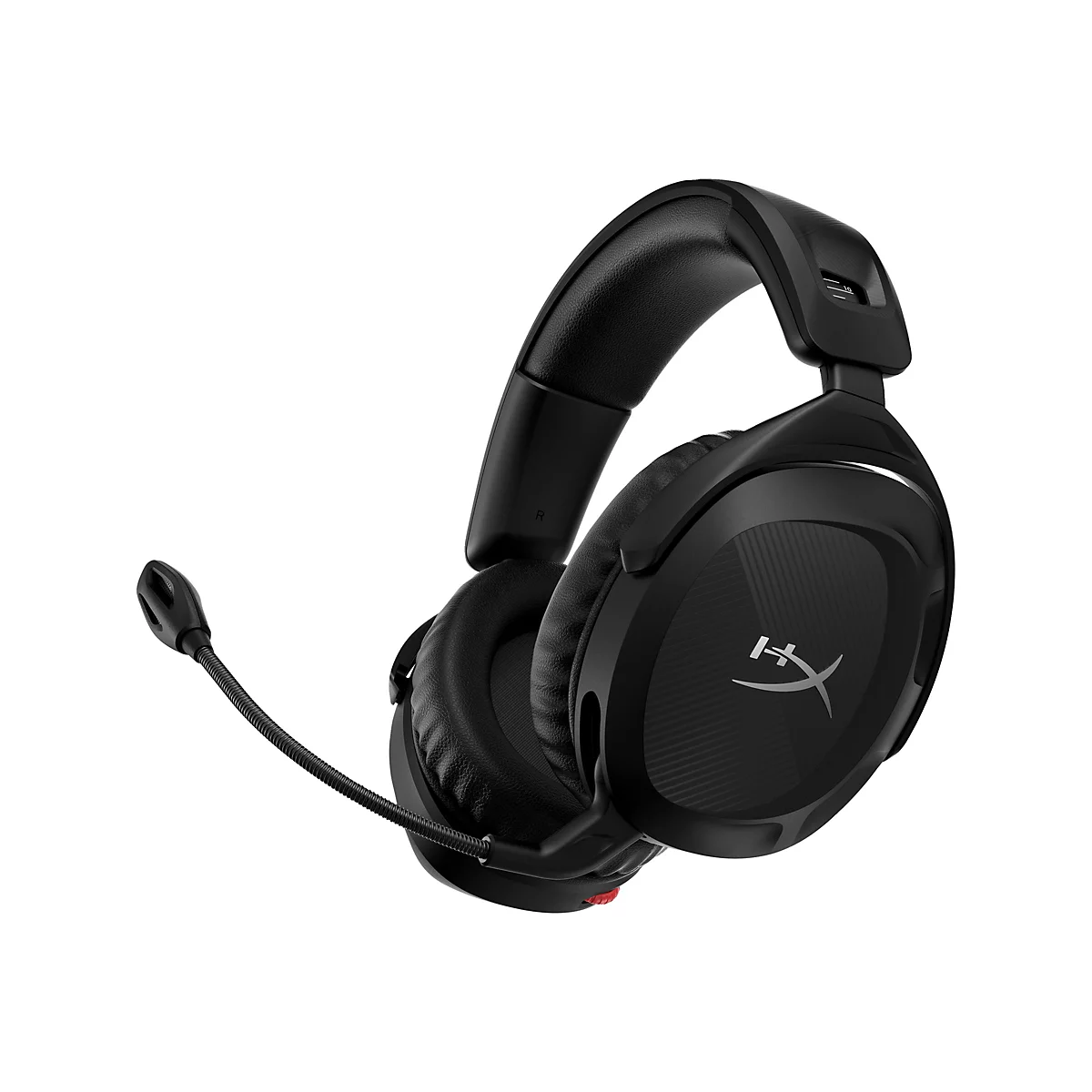 Schwarzes Gaming-Headset, Mikrofon, HyperX-Logo.