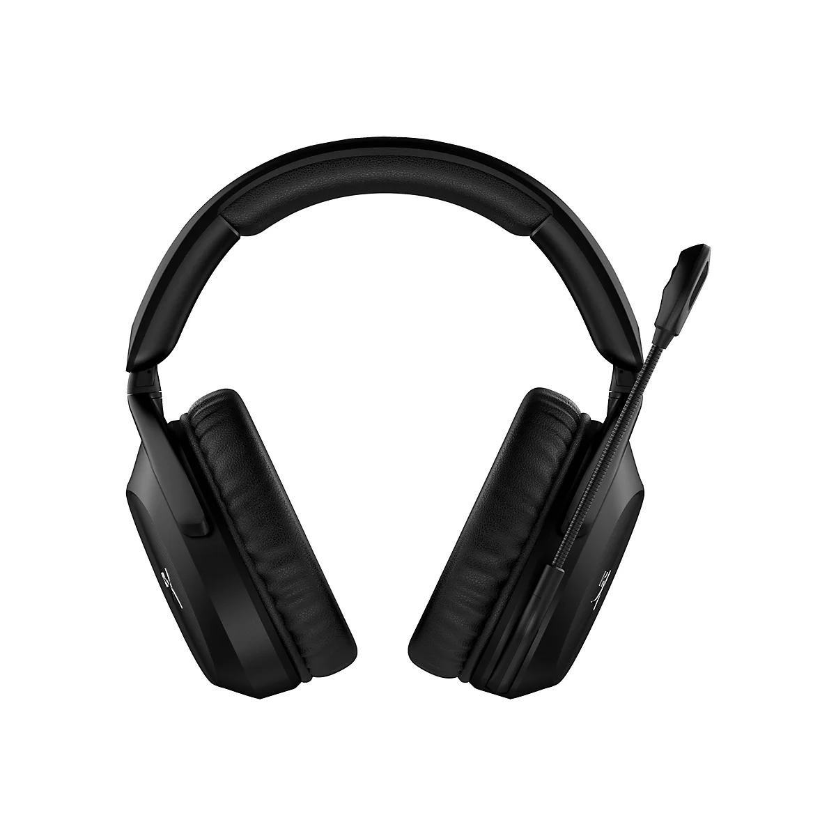 Schwarzes Headset mit Ohrmuscheln, Mikrofon und Bügel. Die Ohrmuscheln und der Bügel sind gepolstert, das Mikrofon ist biegsam.