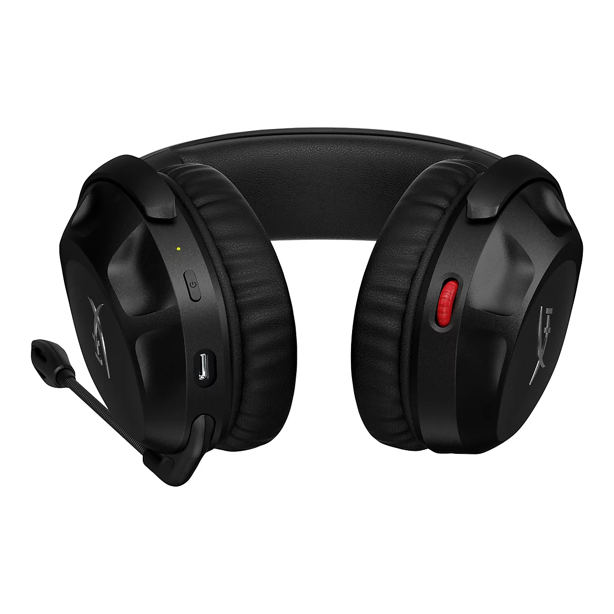 Schwarzes Headset mit Mikrofon, rotem Regler und Markenlogo. Auf weißem Hintergrund.