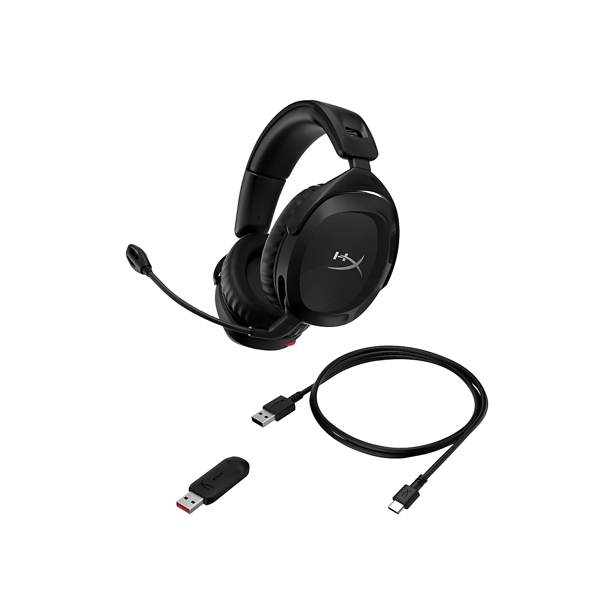 Schwarzes Gaming-Headset mit Mikrofon und USB-C-Kabel. Auf dem Ohrpolster das Logo.