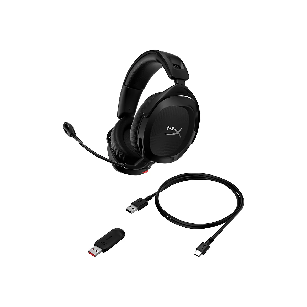 Schwarzes Gaming-Headset mit Mikrofon, USB-Kabel und USB-Dongle. Auf dem KopfhÃ¶rer befindet sich das HyperX-Logo.