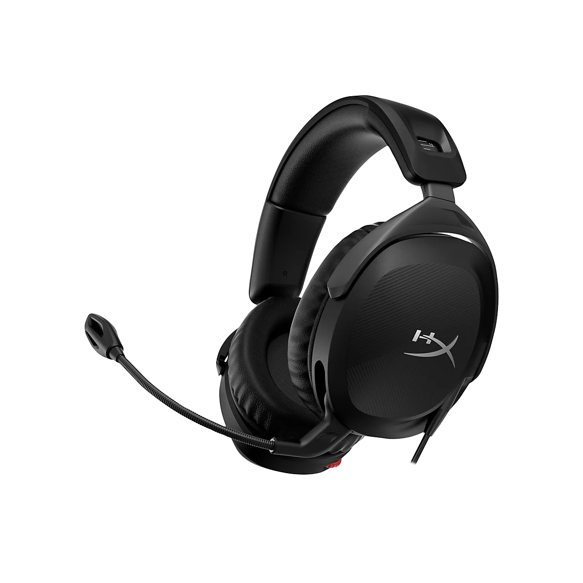 Schwarzes Headset mit Mikrofon, HyperX-Logo auf der Ohrmuschel, Kabel und flexibler Mikrofonarm.