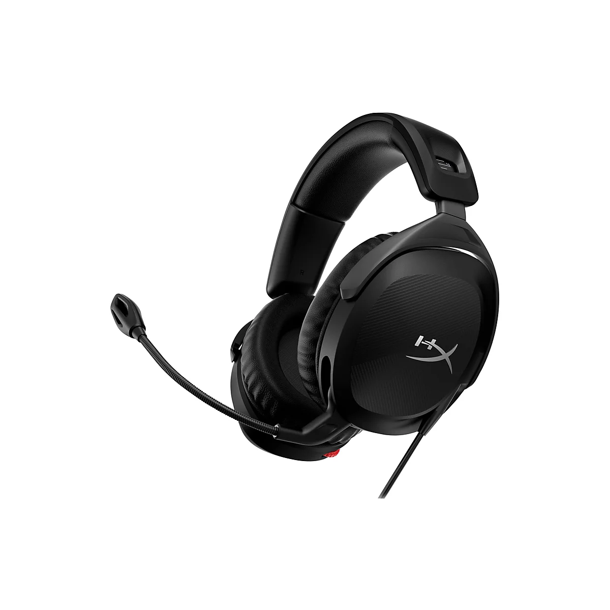 Schwarzes Gaming-Headset, seitlich dargestellt. Ein Mikrofon ragt heraus, Logo auf Ohrmuschel.